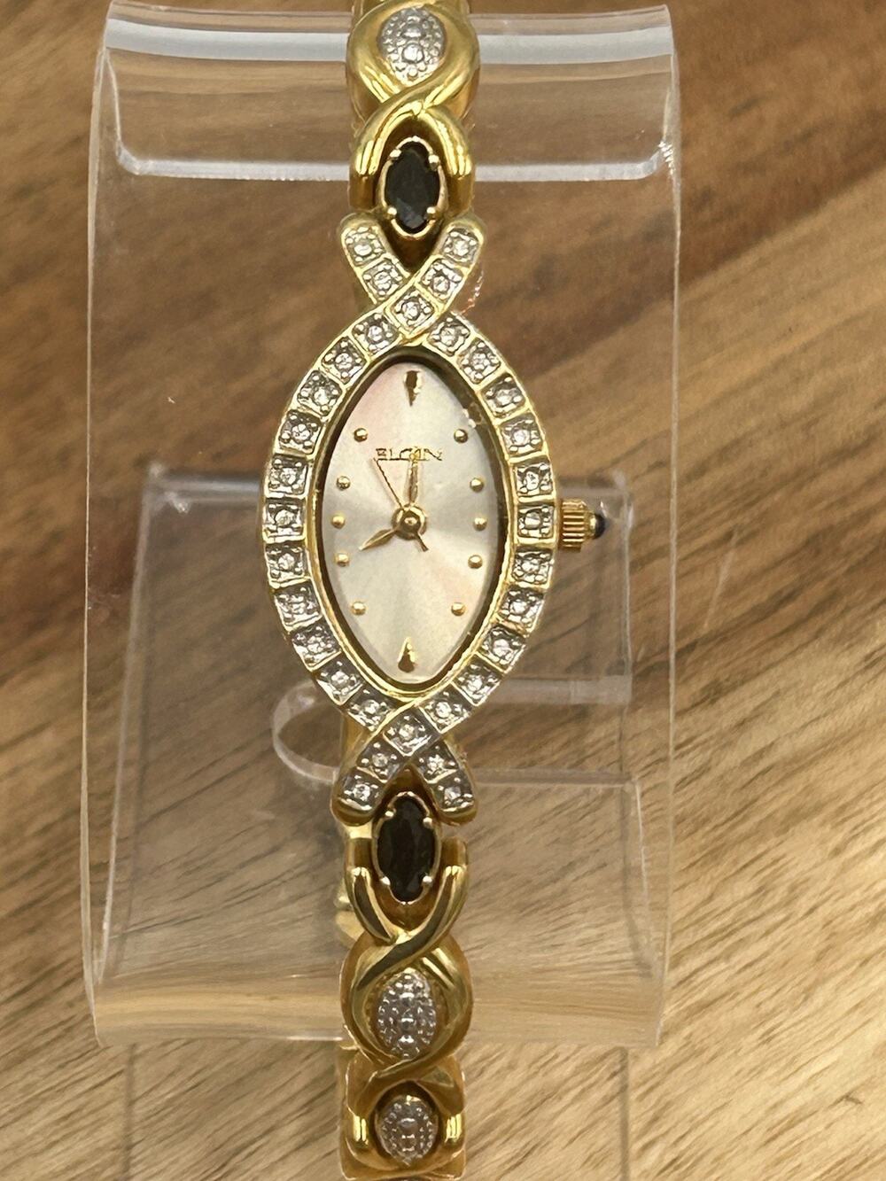 Elgin Watch Bracelet Women’s Gold Tone Quartz Crystal Accent EG117 Needs Battery